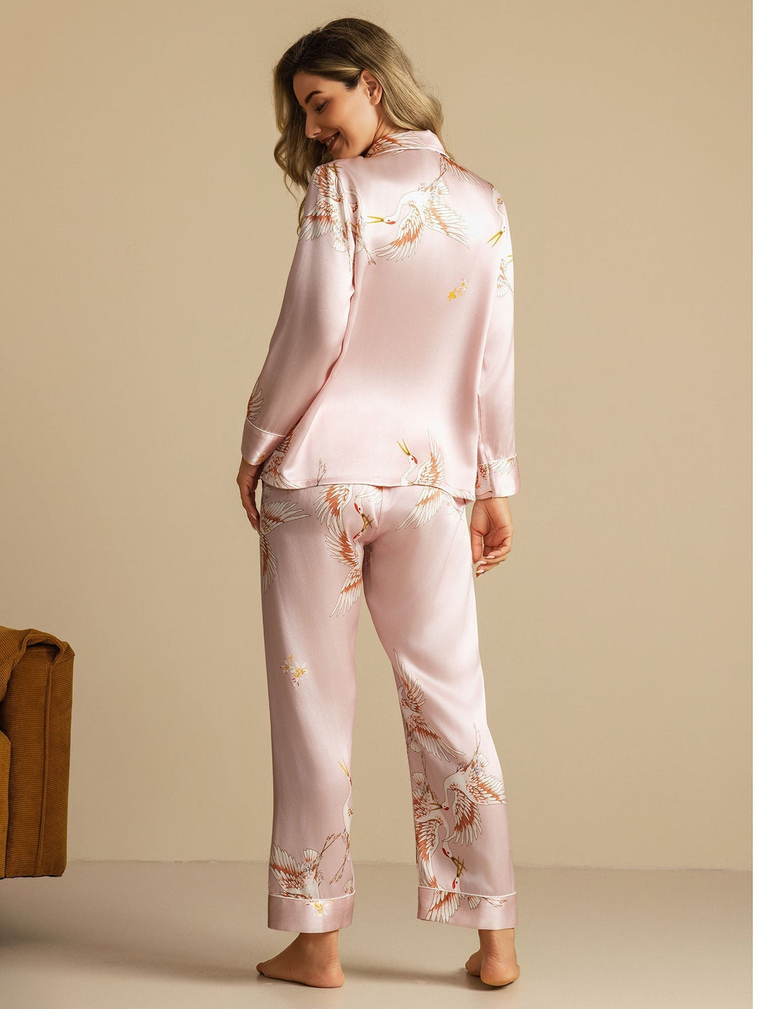19Momme Women's Pure Silk Crane Print Long Sleeve Notch Collar Pyjamas Set