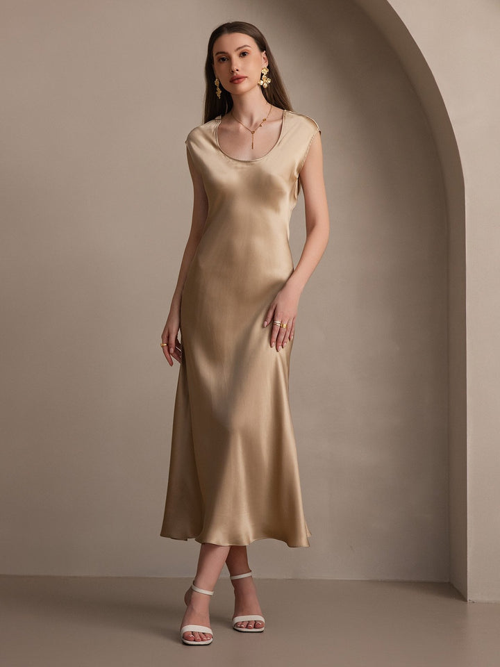 19Momme Silk Cap Sleeve Round Neck Midi Dress