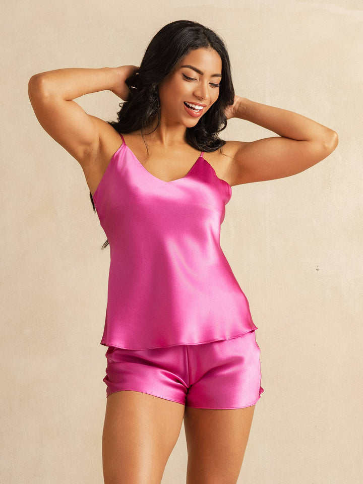 Pure Silk Spaghetti Strap V Neck Above the Knee Camisole Set