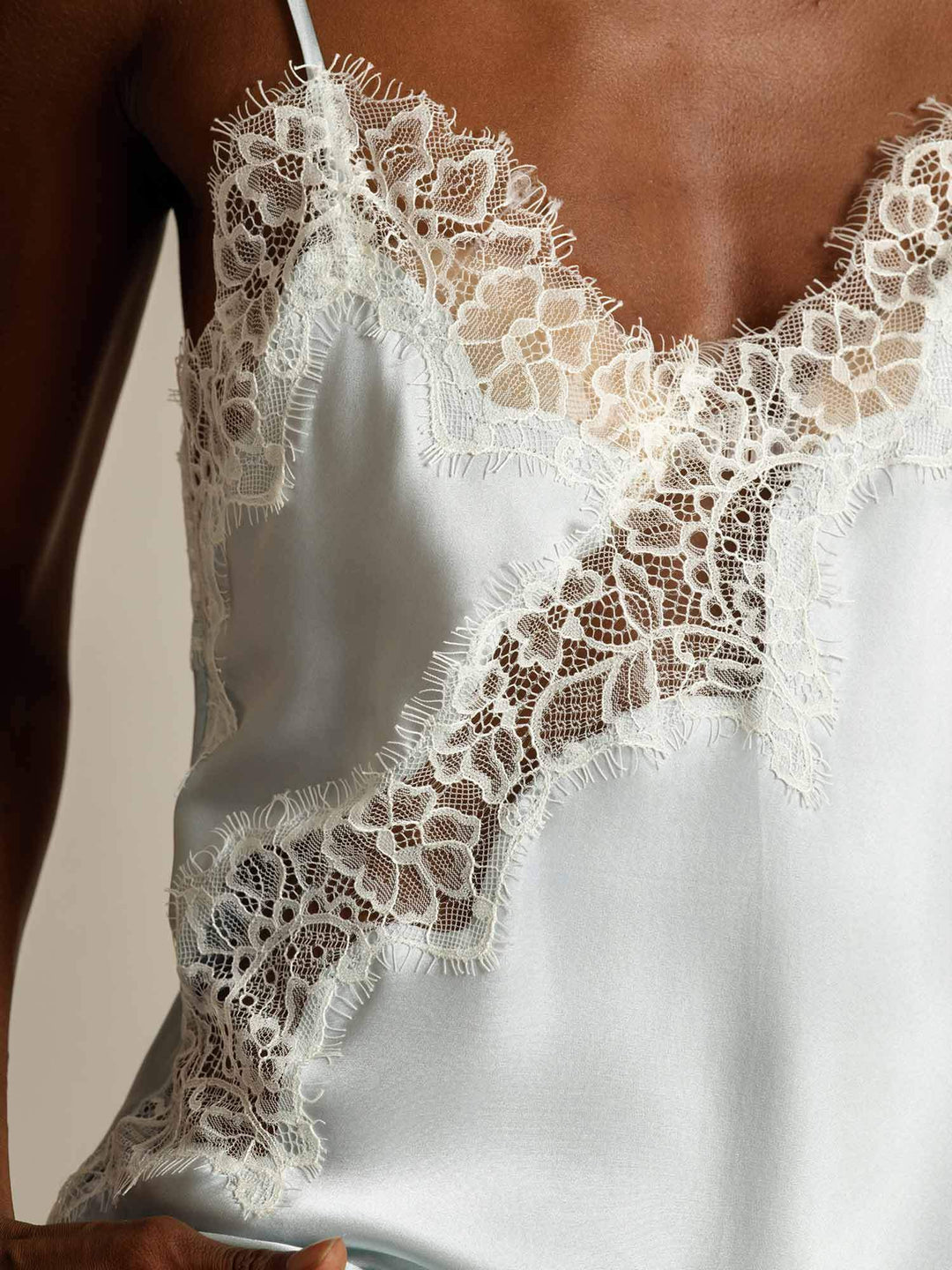 Pure Silk Spaghetti Straps Lace Camisole Top with Asymmetrical Hem