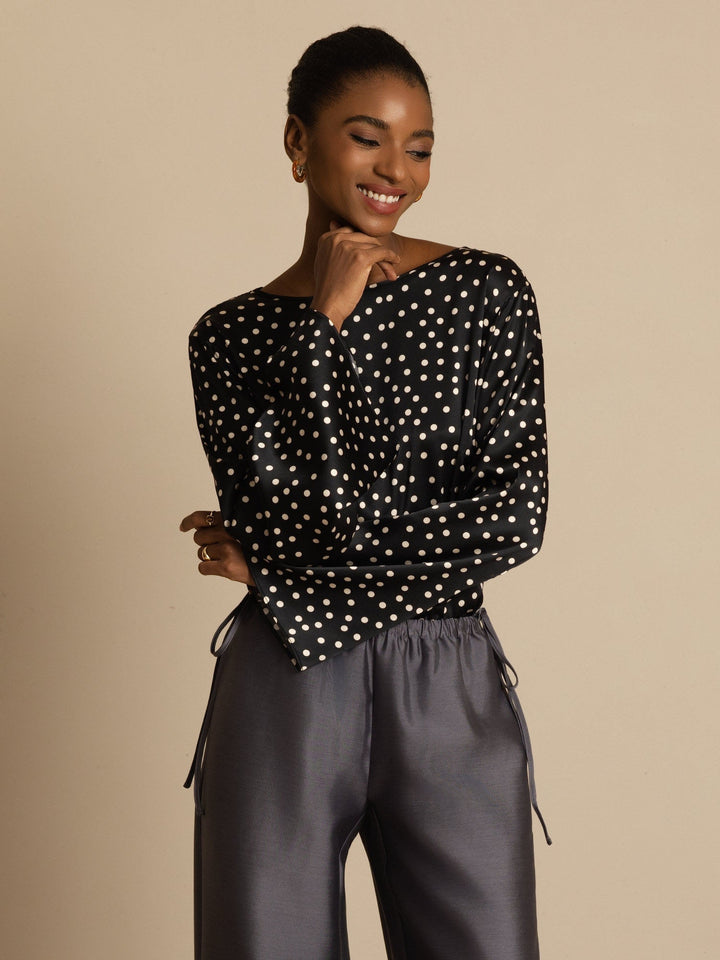 19Momme Women's Silk Polka Dot Print Bell Sleeve Boat Neck Top