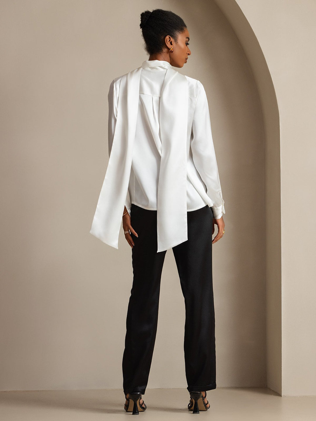 19Momme Silk Long Sleeve High Neck Bow Tie Blouse