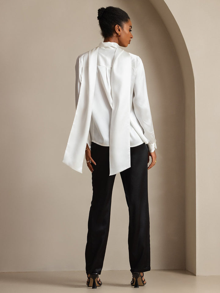 19Momme Silk Long Sleeve High Neck Bow Tie Blouse