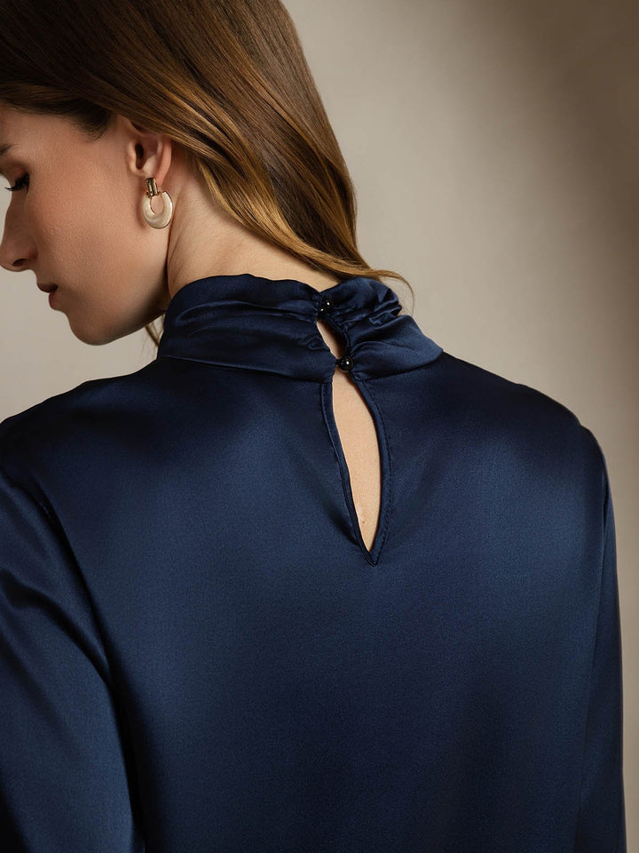 19Momme Silk Keyhole Neck Blouse with Pearl Buttons