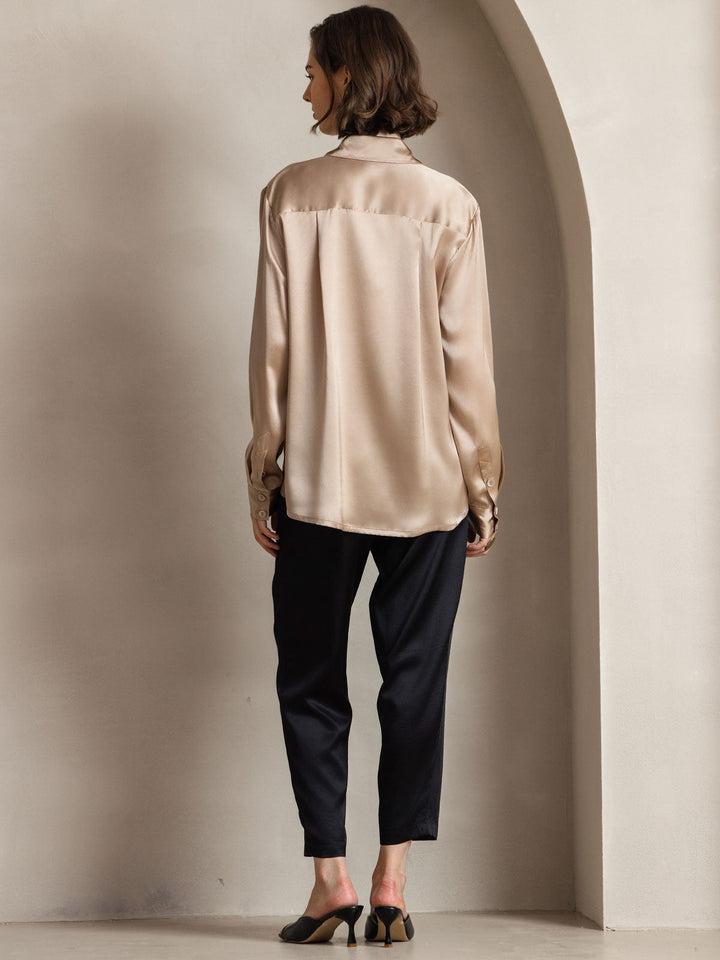 19Momme Silk Long Sleeve Lapel Collar Women's Shirt with Button Up Design