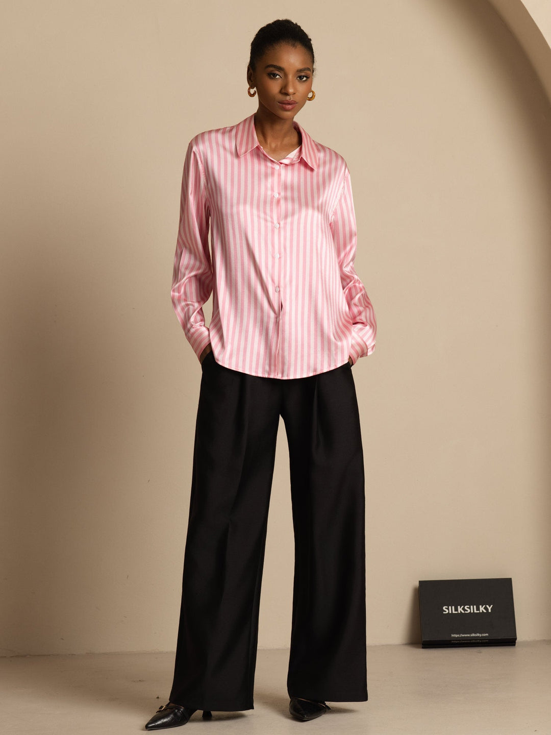 19Momme Silk Stripe Print Long Sleeve Lapel Collar Women's Shirt
