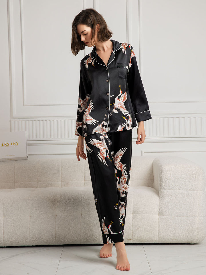 19Momme Pure Silk Crane Print Women's Long Sleeve Notch Collar Pyjamas Set