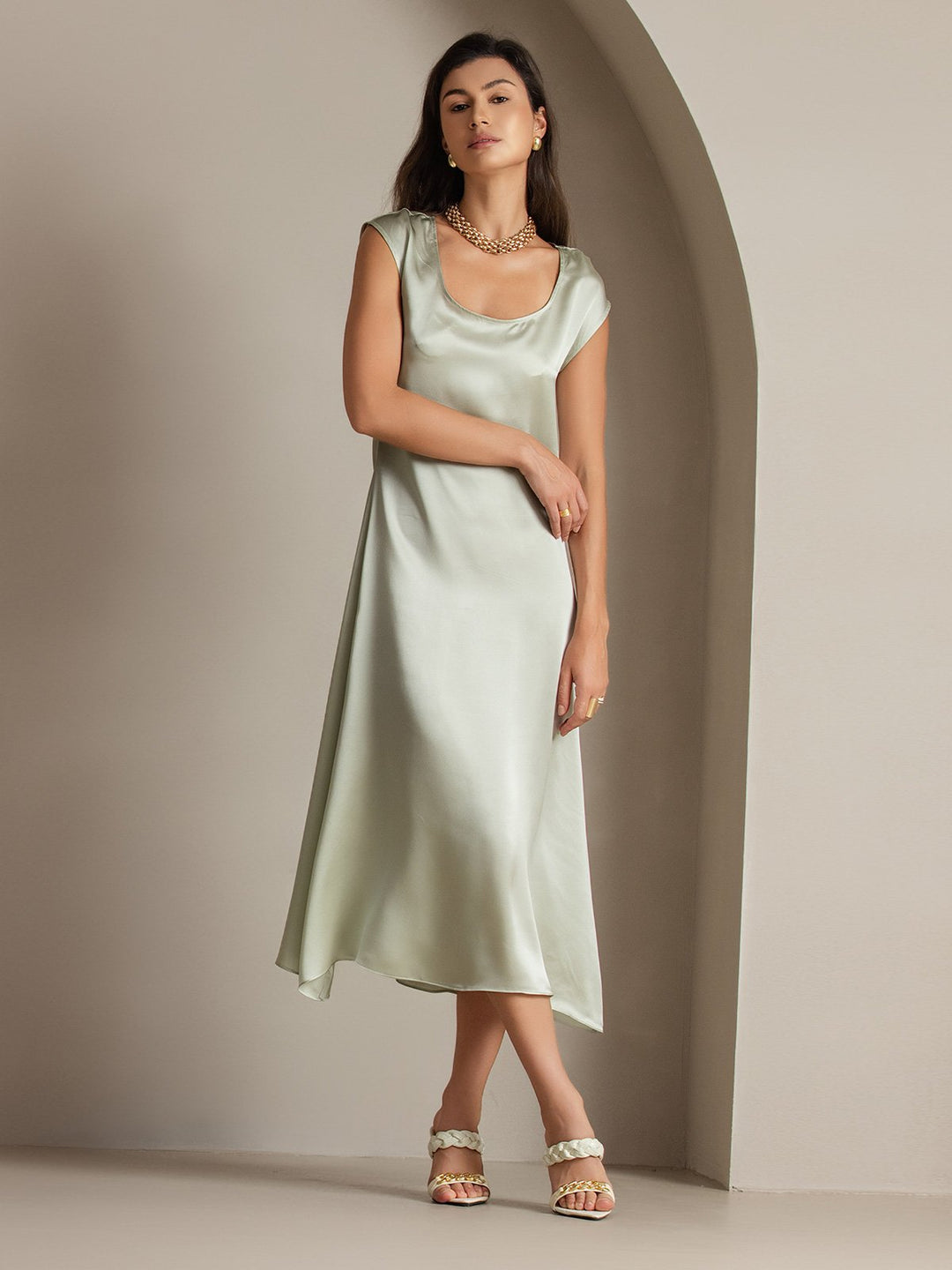 19Momme Silk Cap Sleeve Round Neck Midi Dress