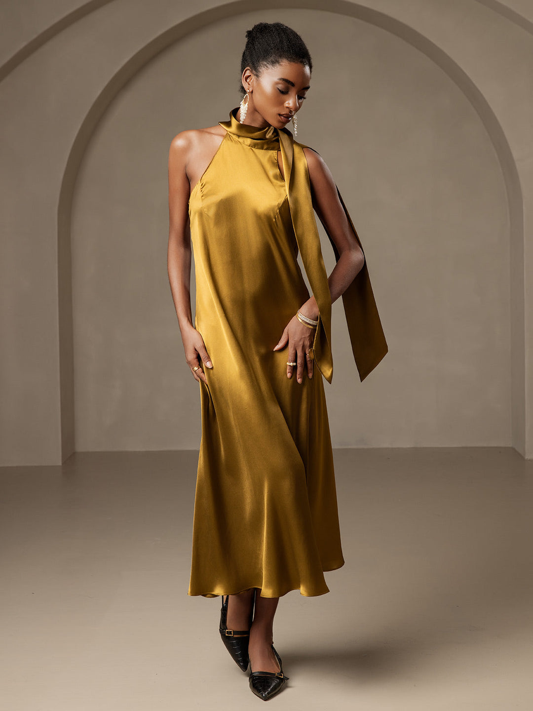 19Momme Silk Sleeveless Tie Neck Midi Dress