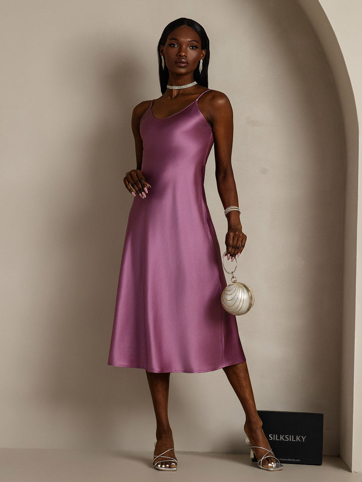 Pure Silk Spaghetti Strap V Neck Midi Dress