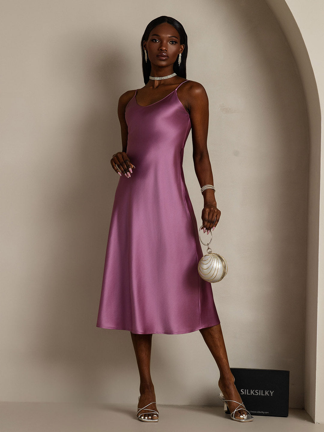 Women's Pure Silk Spaghetti Strap V-neck Midi Nightdress