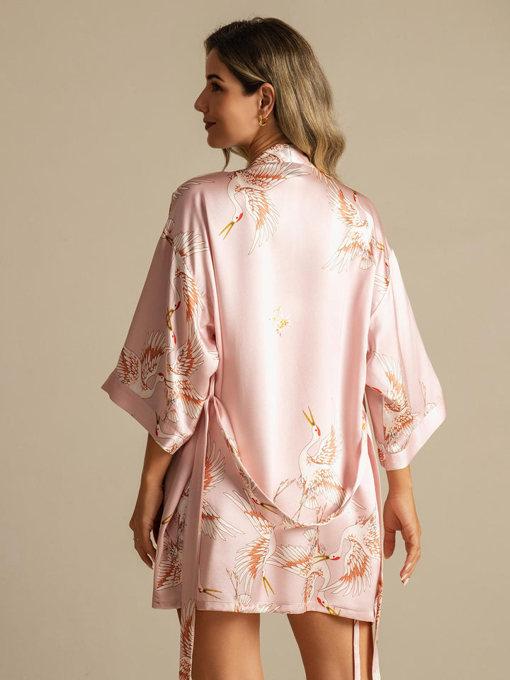 19Momme Women's Pure Silk Crane Print 3/4 Sleeve Short Kimono Robe