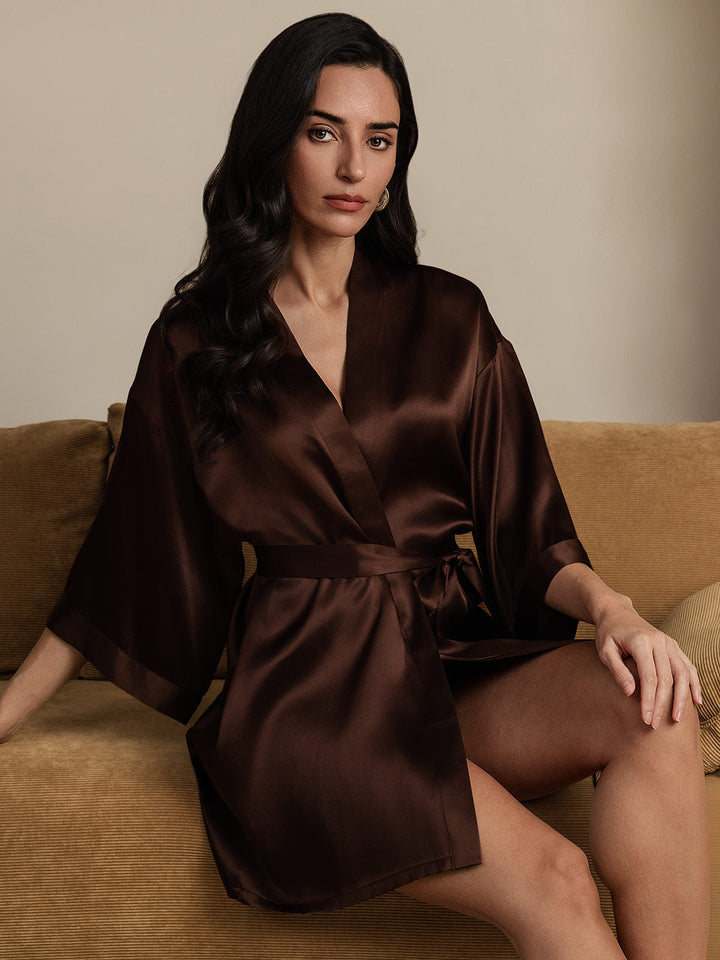 Pure Silk 3/4 Sleeve Short Women's Kimono Dressing Gown with Wrap Design