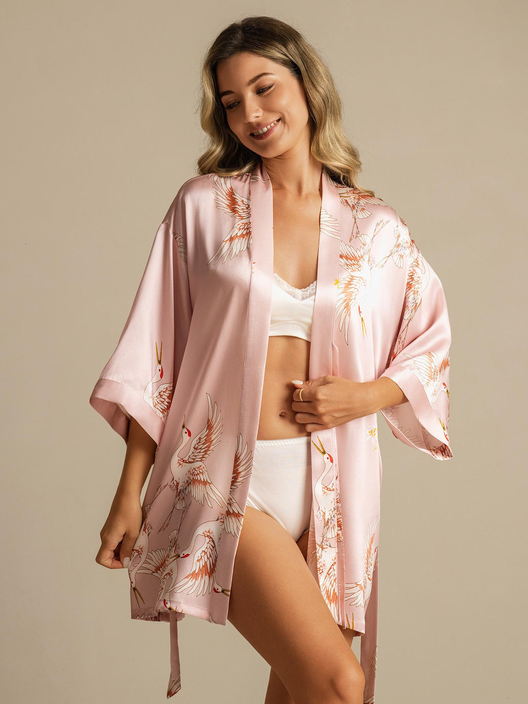 19Momme Women's Pure Silk Crane Print 3/4 Sleeve Short Kimono Robe