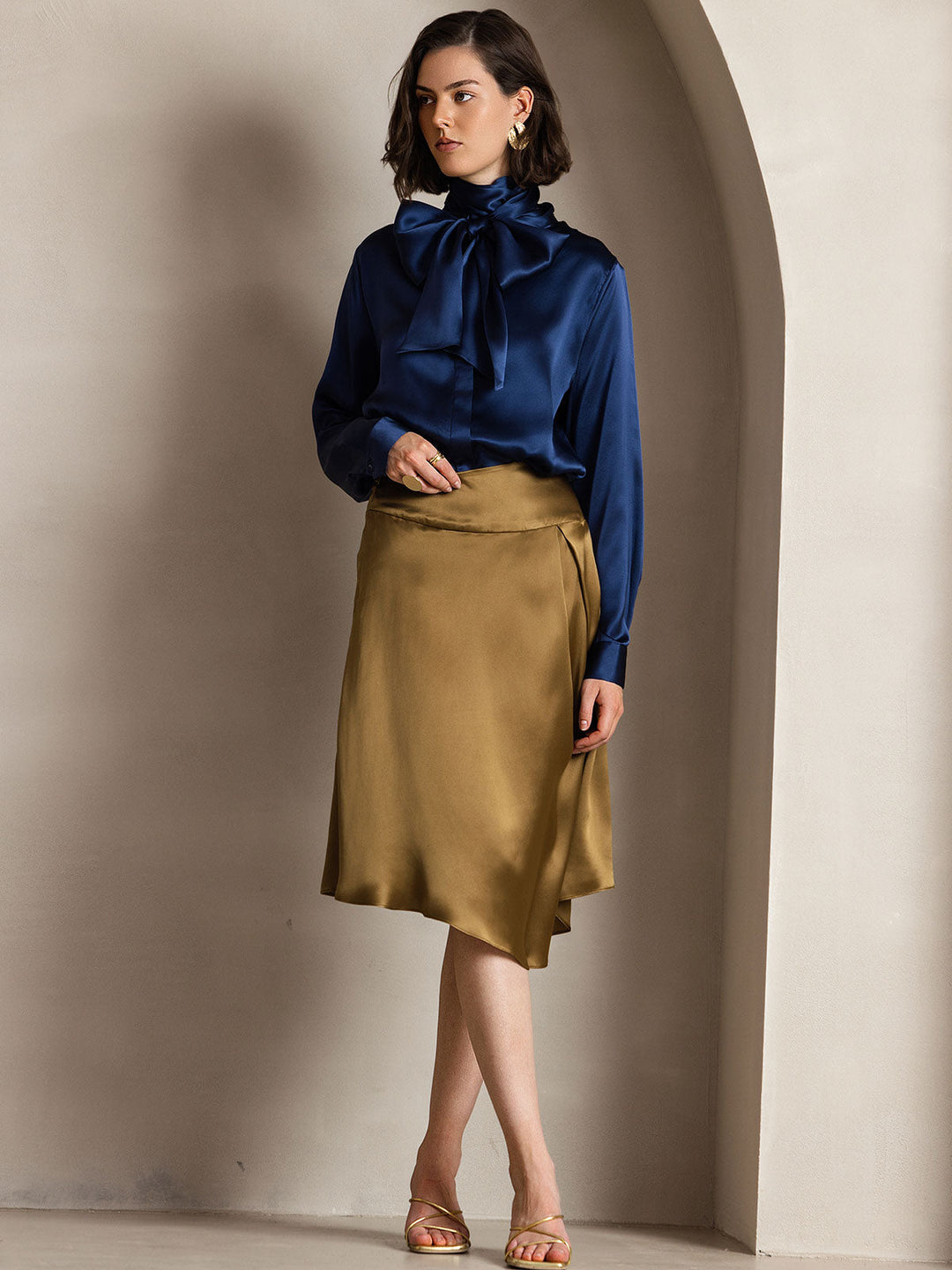 19Momme Silk Long Sleeve High Neck Bow Tie Blouse