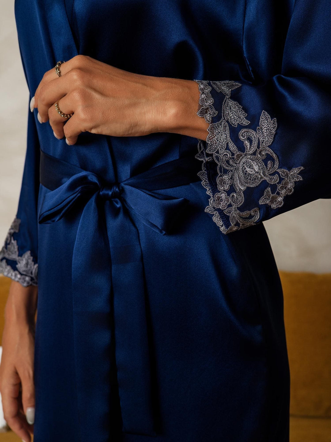 Silk Lace Cuffs Dressing Gown Wrap Kimono Belted with 3/4 Sleeves