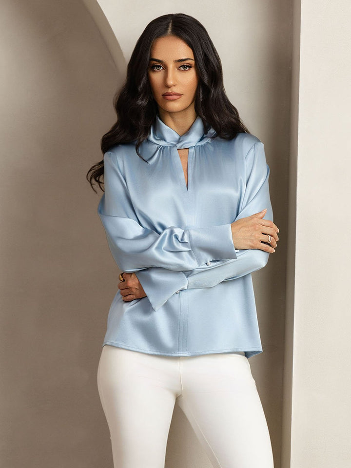 19Momme Silk Keyhole Neck Blouse with Pearl Buttons