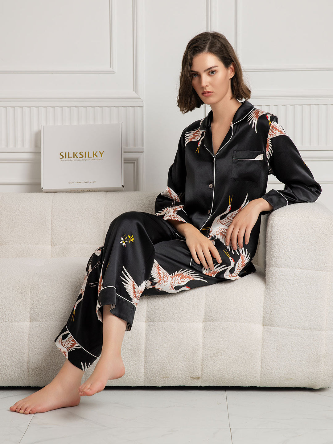 19Momme Women's Pure Silk Crane Print Long Sleeve Pyjamas Set
