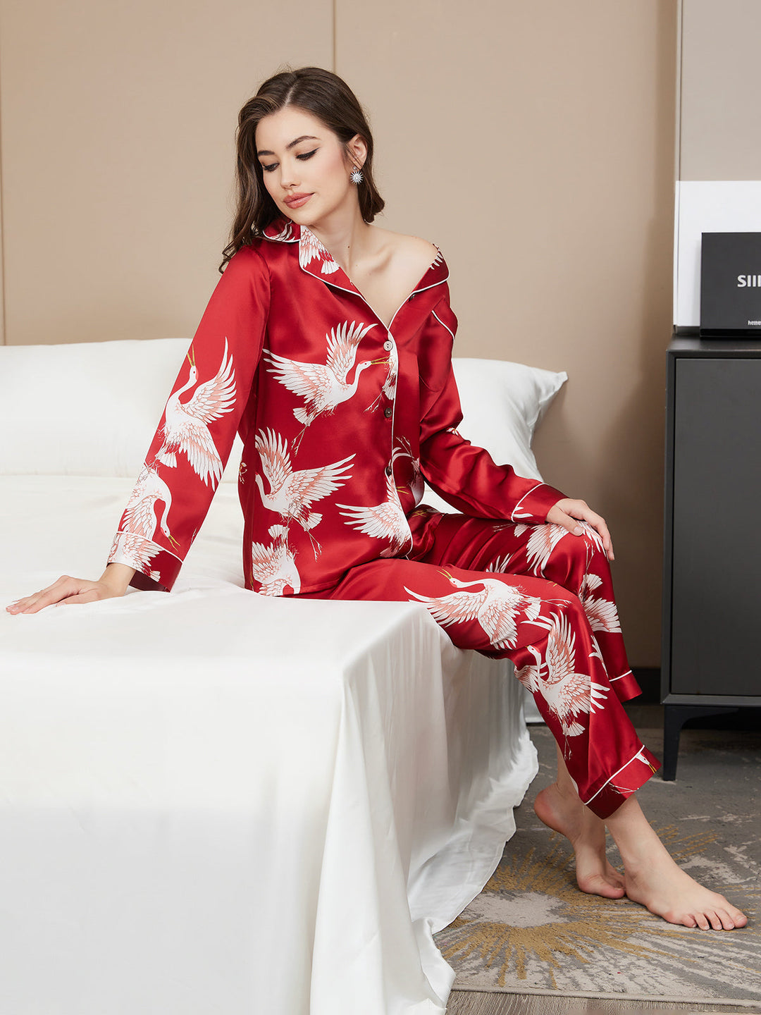 19Momme Women's Pure Silk Crane Print Long Sleeve Notch Collar Pyjamas Set