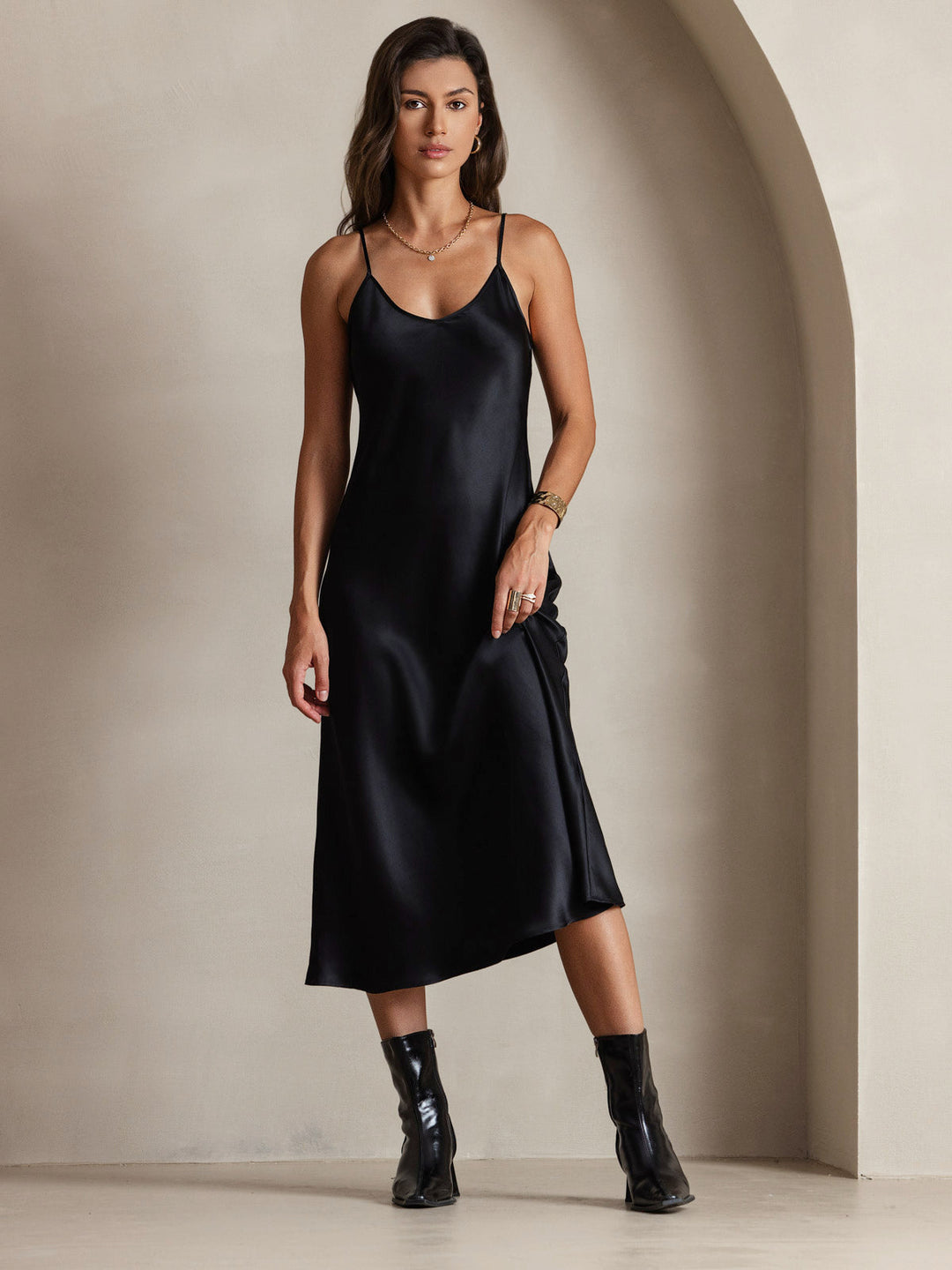 Pure Silk Spaghetti Strap V Neck Midi Dress