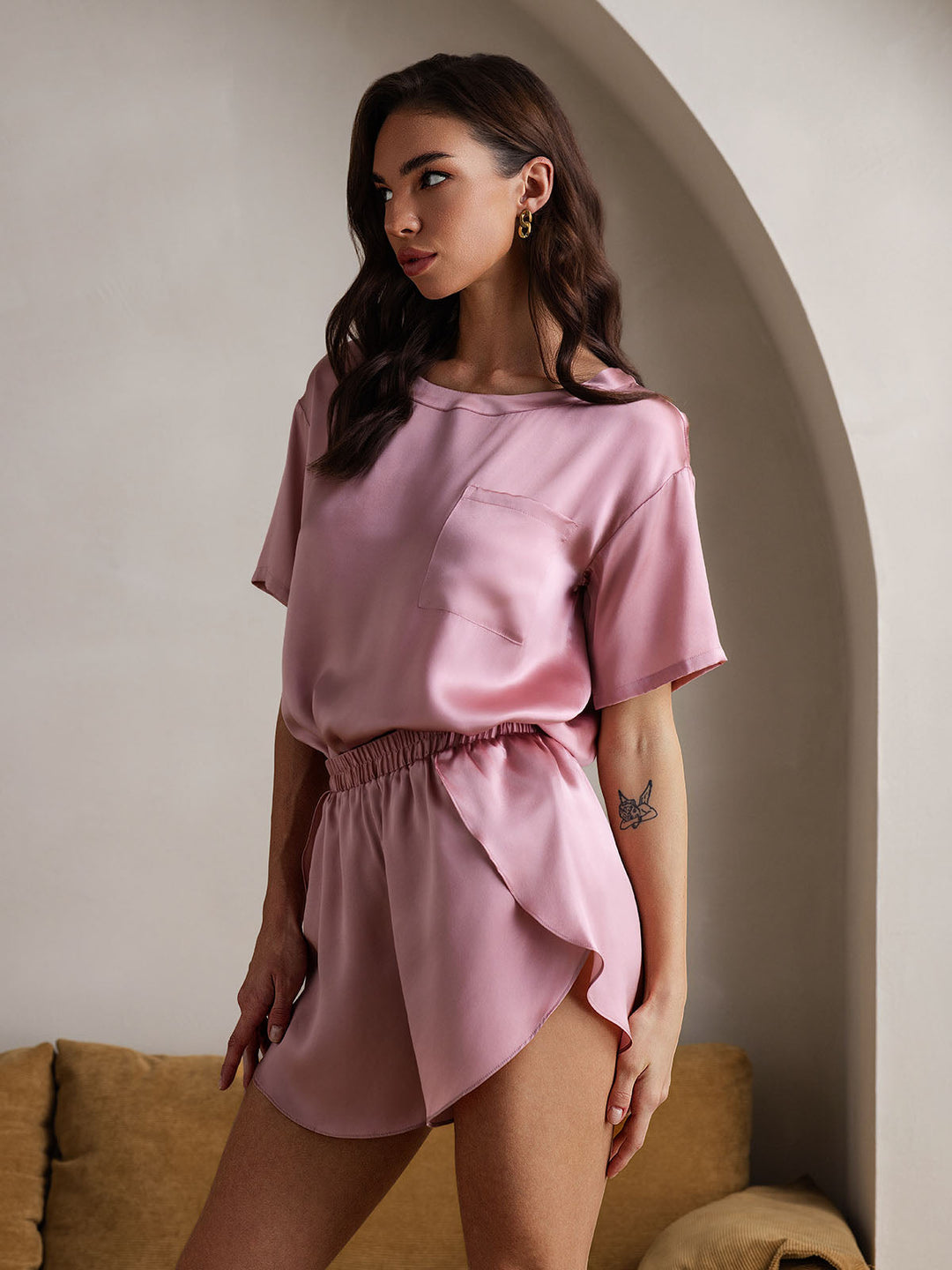 Pure Silk Short Sleeve Round Neck Women's Pyjamas Set