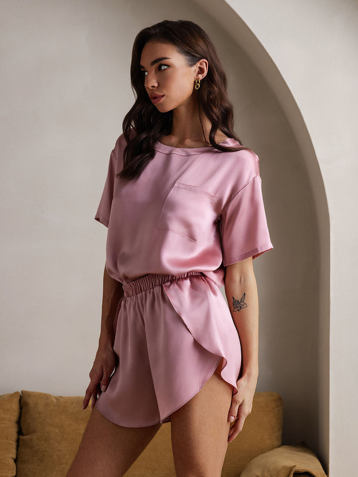 Women's Pure Silk Short Sleeve Round Neck Above the Knee Pyjamas Set