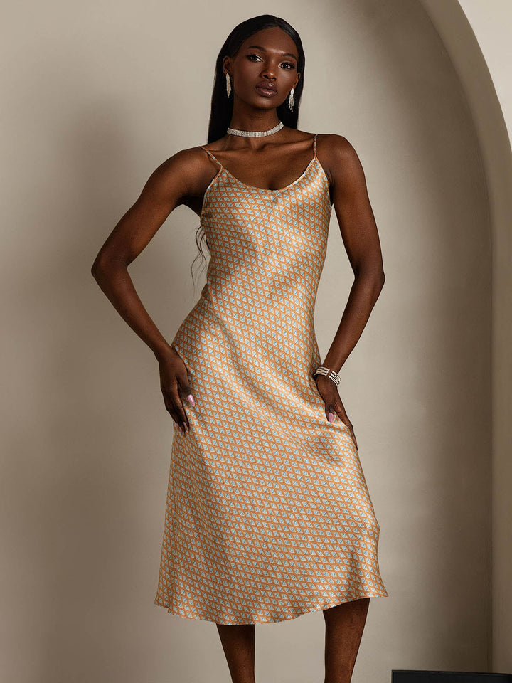 Pure Silk Geometric Print Spaghetti Strap V Neck Midi Dress
