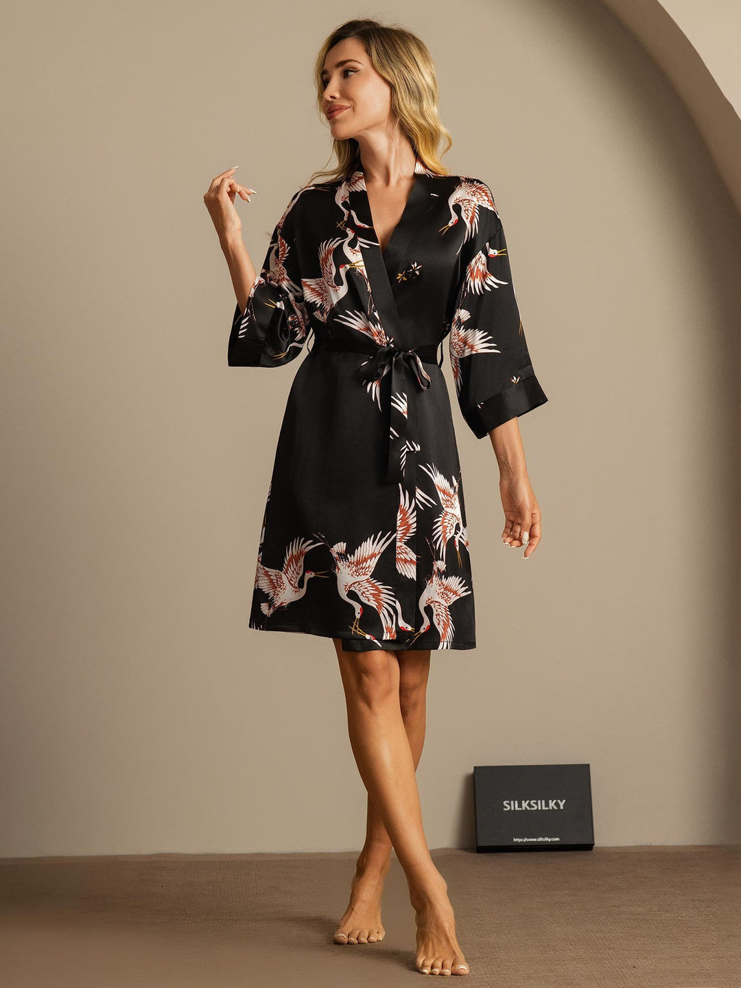 19Momme Pure Silk Crane Print Belted Wrap Women's Kimono Robe