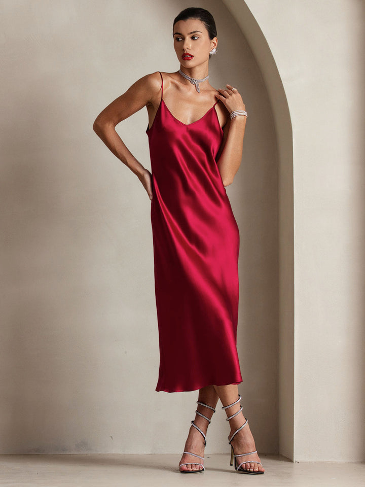 Pure Silk Spaghetti Strap V Neck Midi Dress