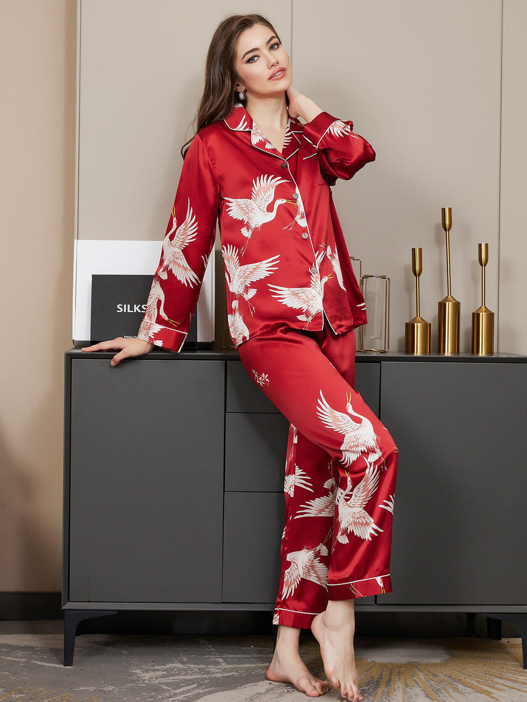 19Momme Women's Pure Silk Crane Print Long Sleeve Notch Collar Pyjamas Set