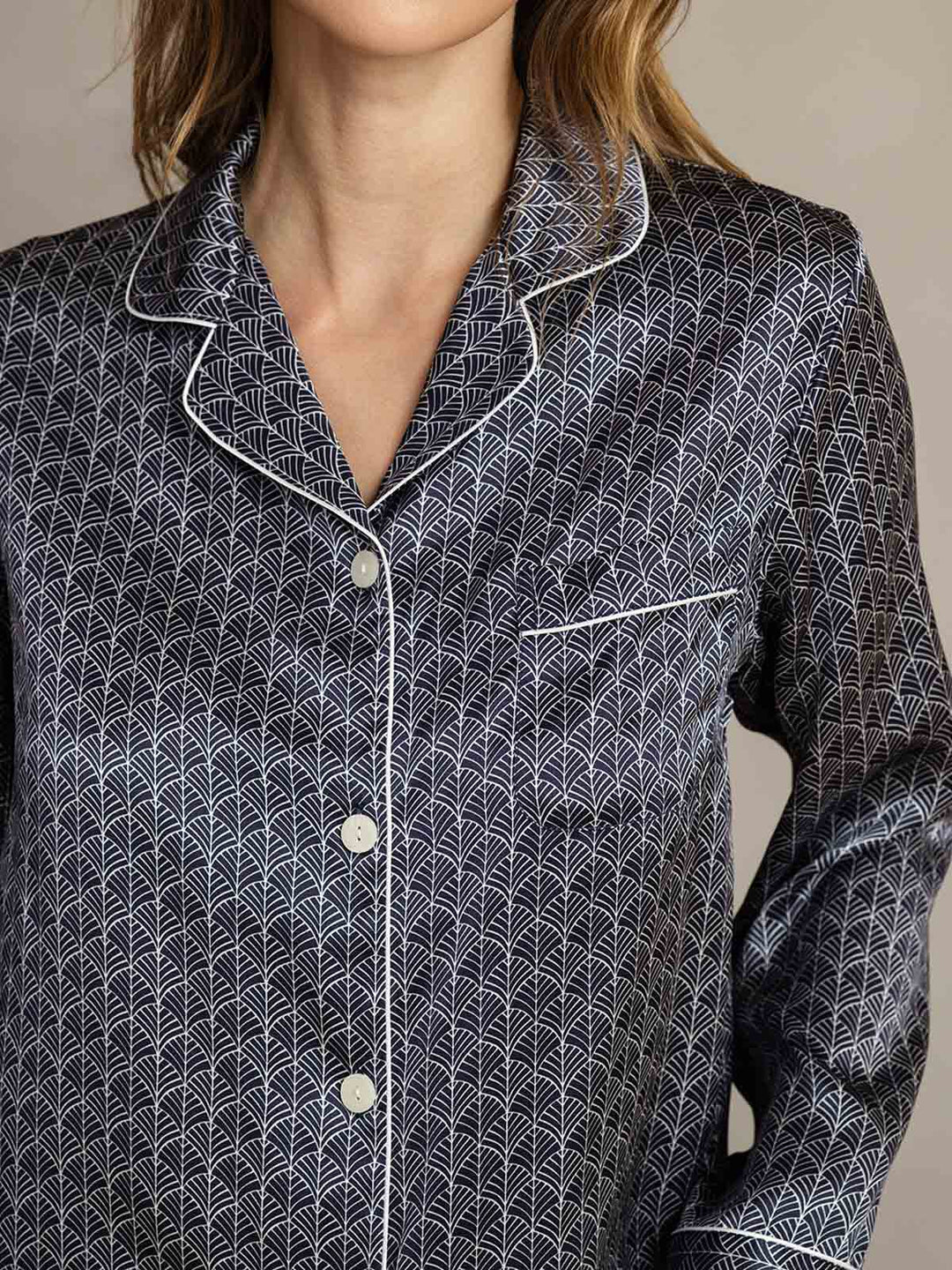 Women's Pure Silk Navy Ginkgo Print Long Sleeve Notch Collar Pajamas Set