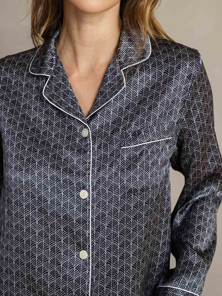 Women's Pure Silk Navy Ginkgo Print Long Sleeve Notch Collar Pajamas Set