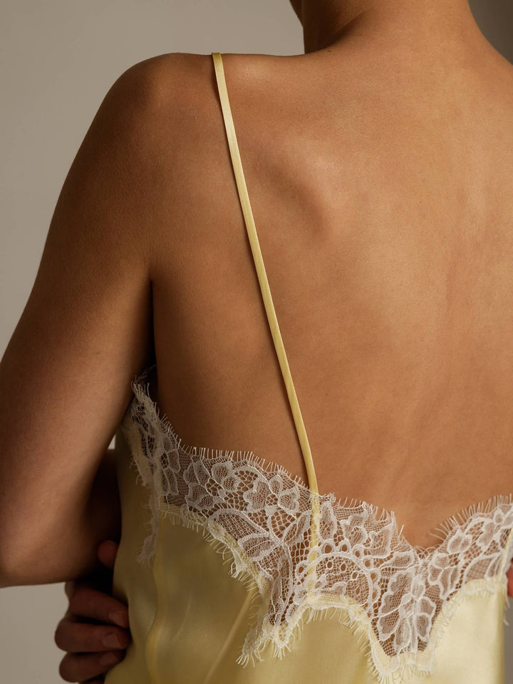 Pure Silk Spaghetti Straps Lace Camisole Top with Asymmetrical Hem