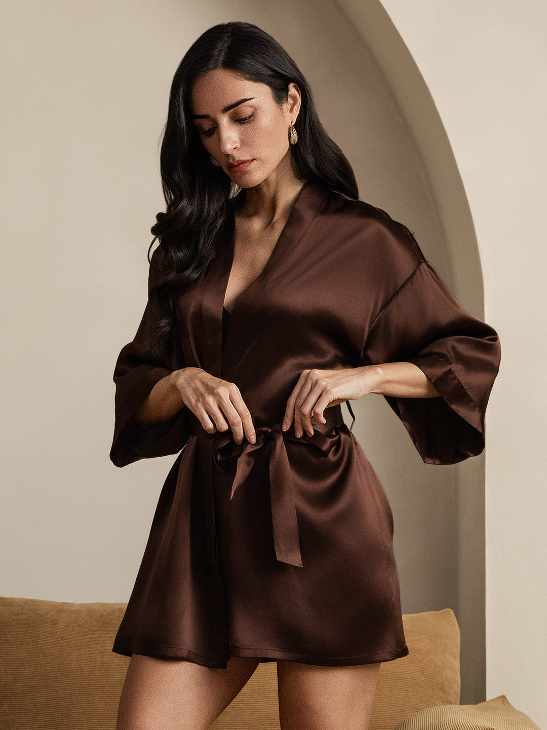 Pure Silk Short Women's Kimono Dressing Gown with Wrap Design