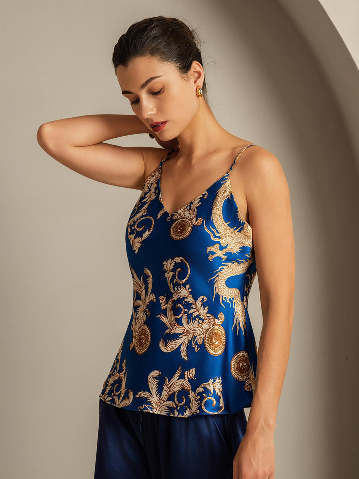 Pure Silk Dragon Print Spaghetti Strap V Neck Camisoles