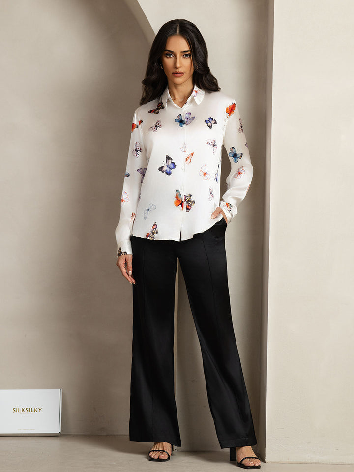 19Momme Silk Butterfly Print Long Sleeve Lapel Collar Women's Shirt