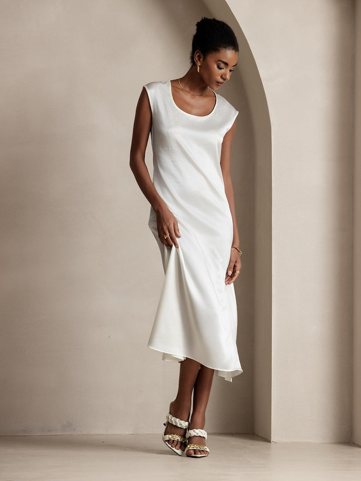 19Momme Silk Cap Sleeve Round Neck Midi Dress