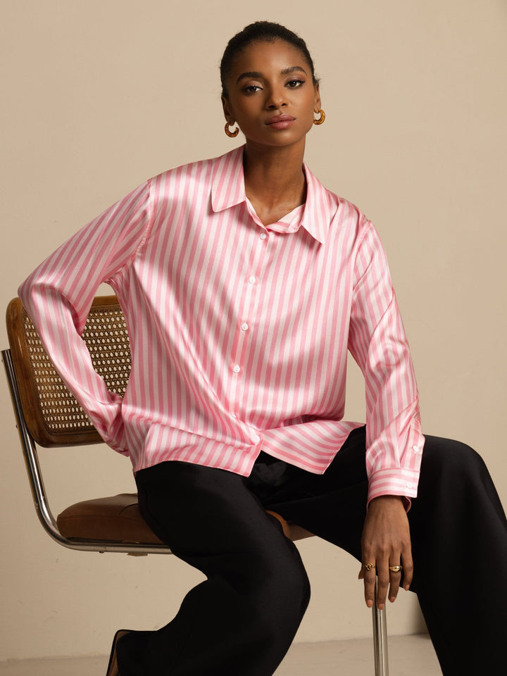 19Momme Silk Stripe Print Long Sleeve Lapel Collar Women's Shirt