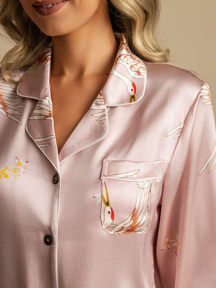 19Momme Women's Pure Silk Crane Print Long Sleeve Notch Collar Pyjamas Set