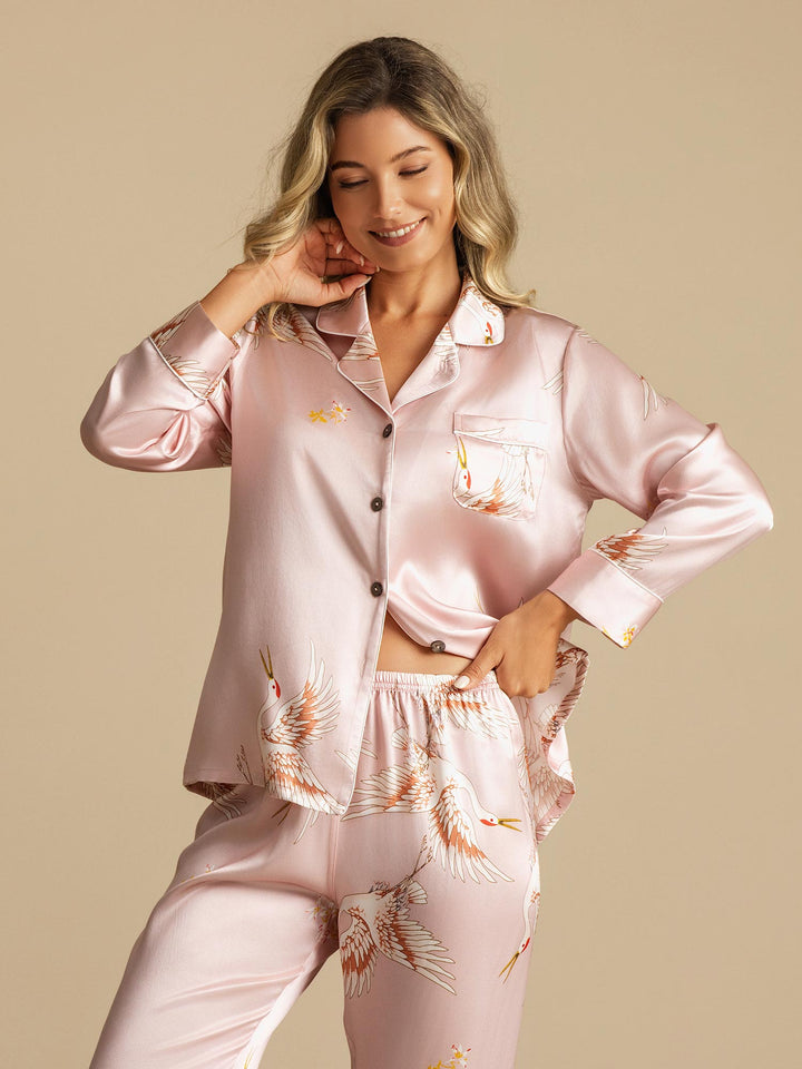 19Momme Women's Pure Silk Crane Print Long Sleeve Notch Collar Pyjamas Set