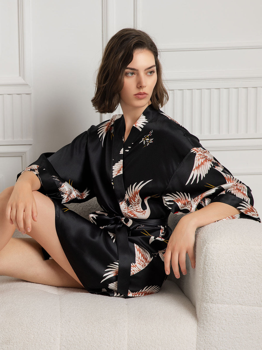 19Momme Women's Pure Silk Crane Print 3/4 Sleeve Short Kimono Robe