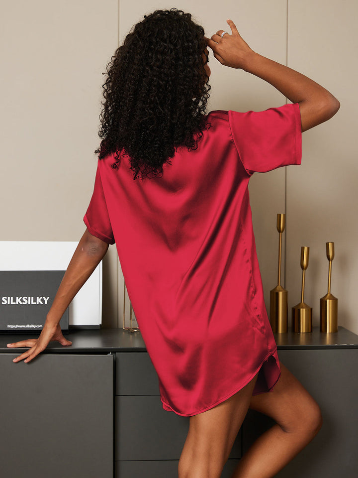 Women's Pure Silk Short Sleeve Round Neck Above the Knee Pyjamas Set