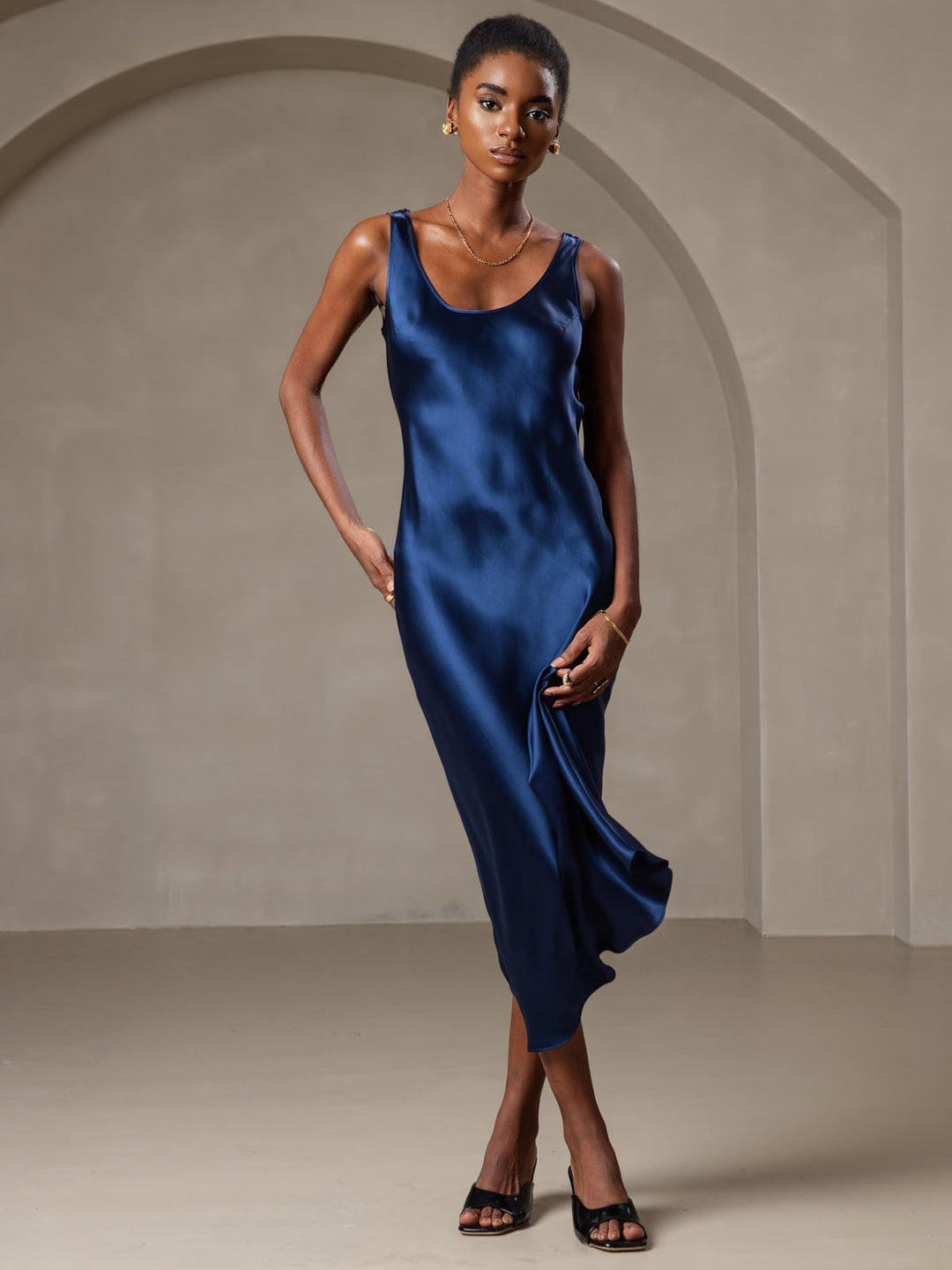 Pure Silk Sleeveless U Neck Midi Dress