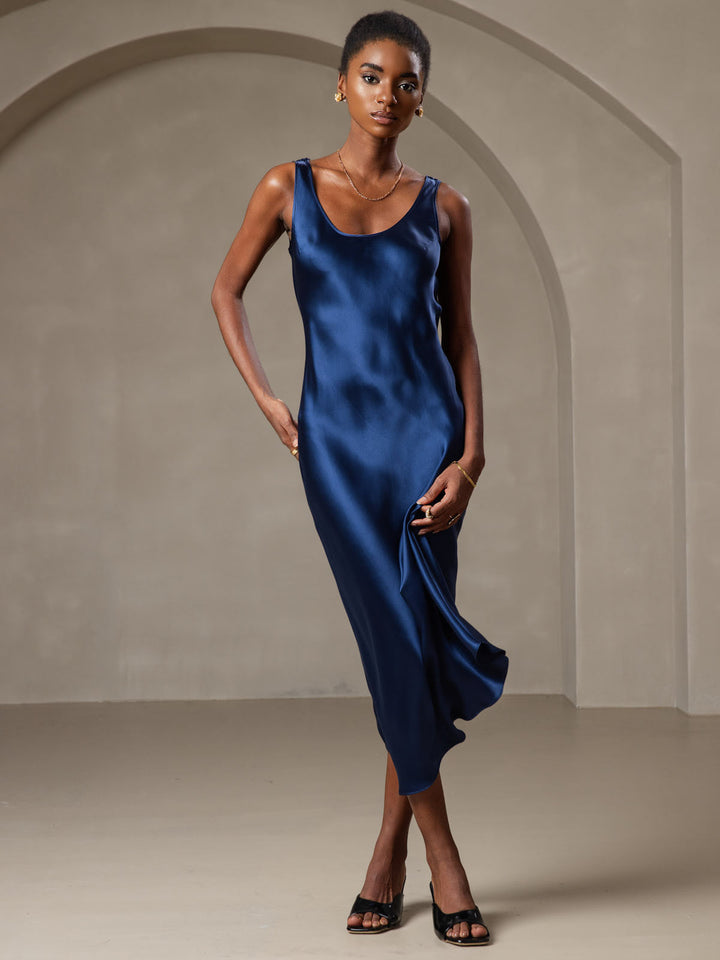 Pure Silk Sleeveless U Neck Midi Dress