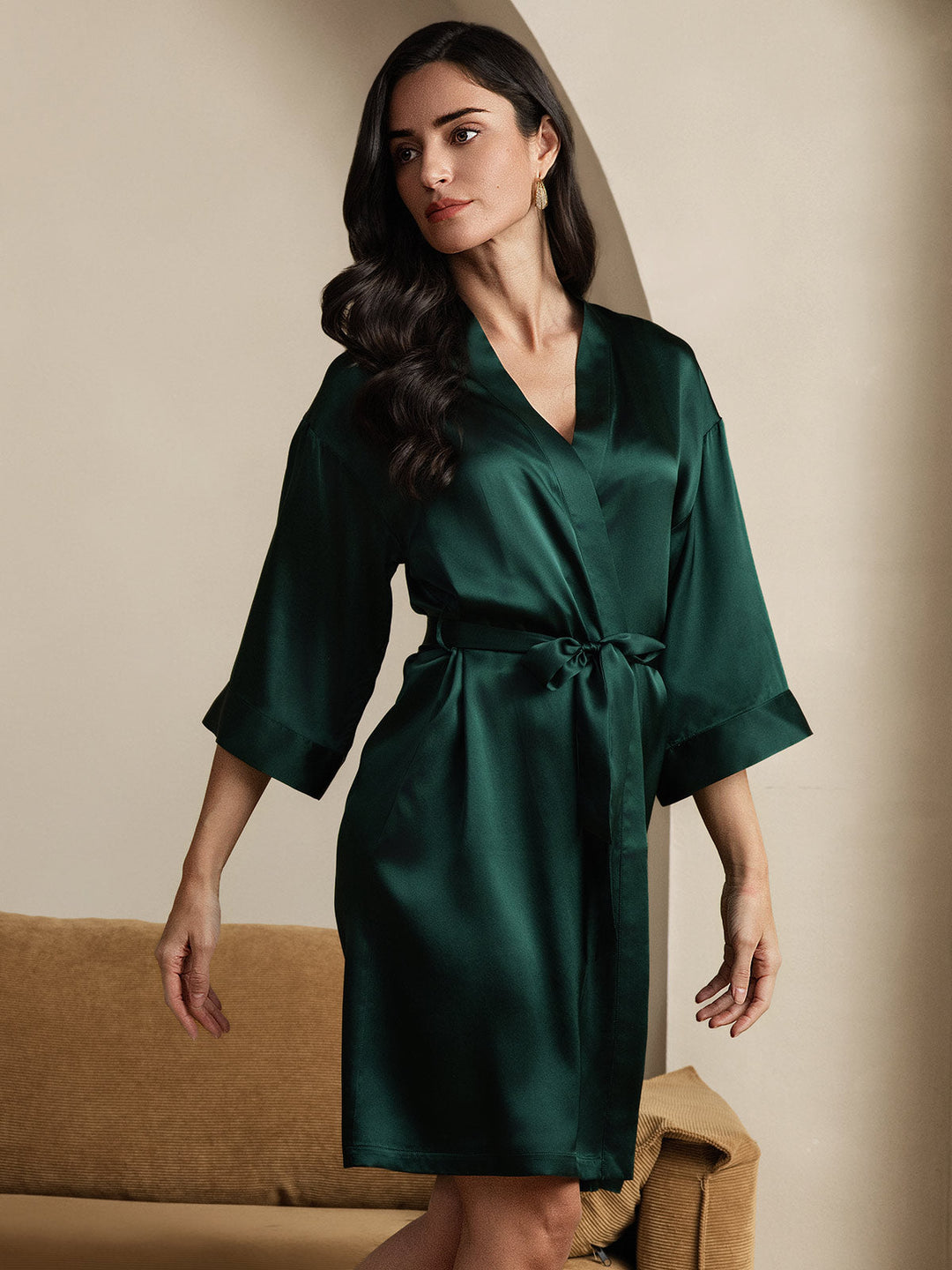 Pure Silk 3/4 Sleeve Women's Kimono Wrap Dressing Gown