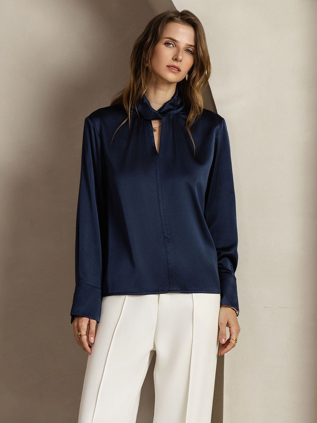 19Momme Silk Keyhole Neck Blouse with Pearl Buttons