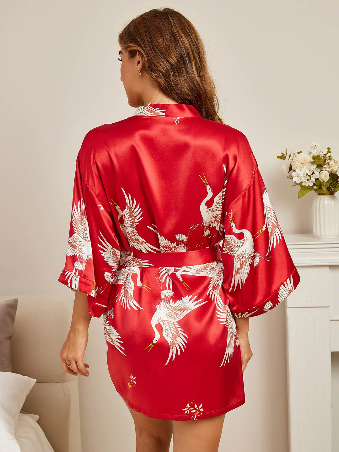 19Momme Pure Silk Crane Print 3/4 Sleeve Short Women's Kimono Robe with Wrap Design