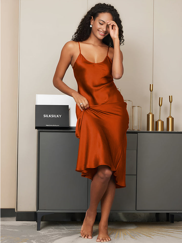 Pure Silk Spaghetti Strap V Neck Midi Dress