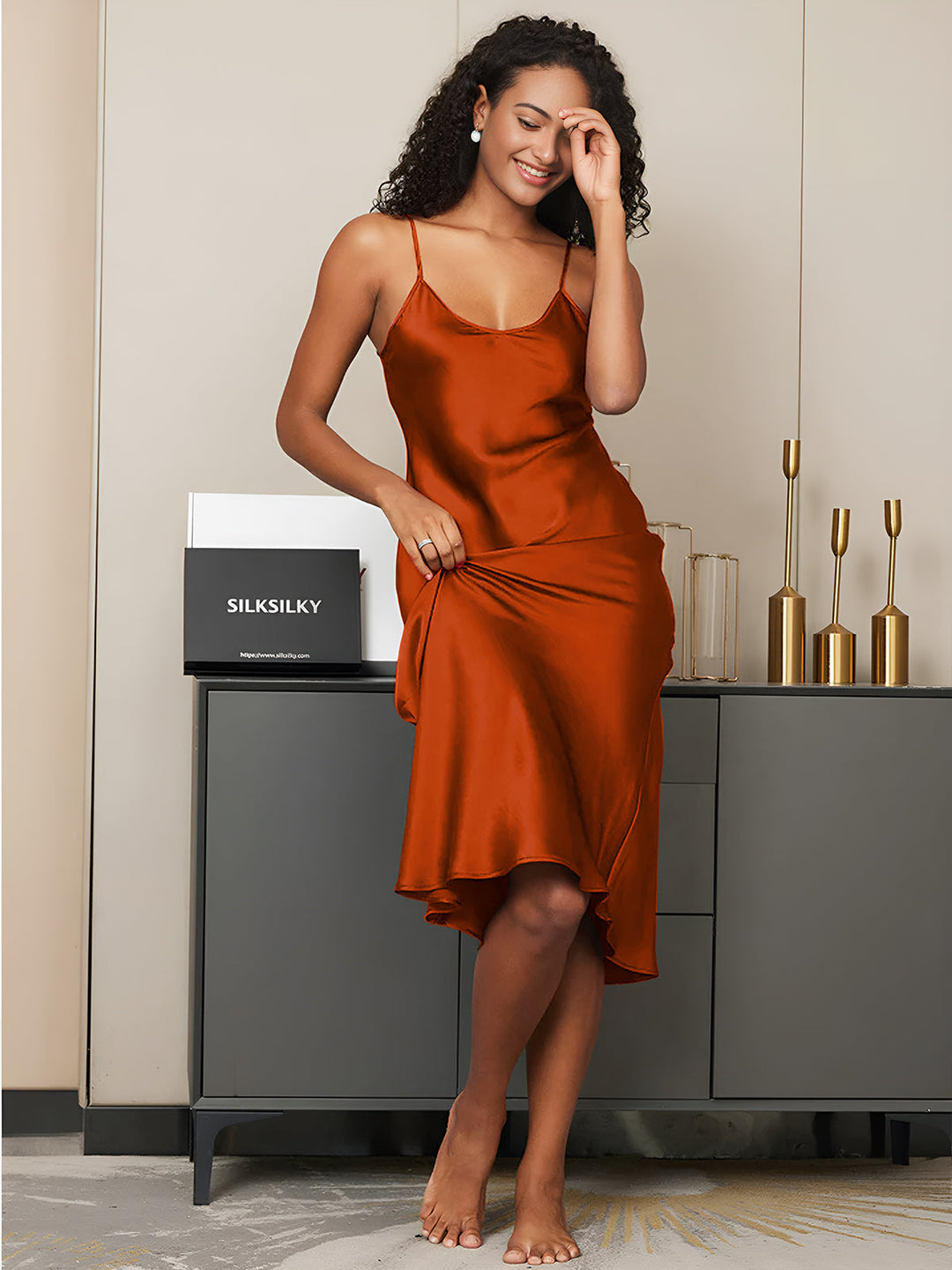 Pure Silk Spaghetti Strap V-neck Midi Nightdress