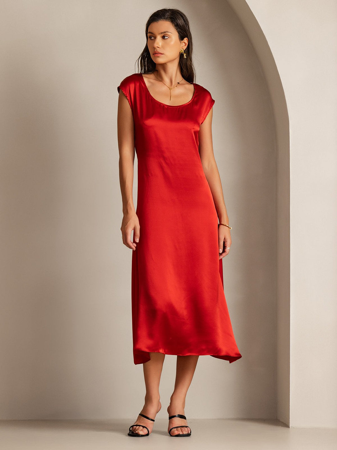 19Momme Silk Cap Sleeve Round Neck Midi Dress